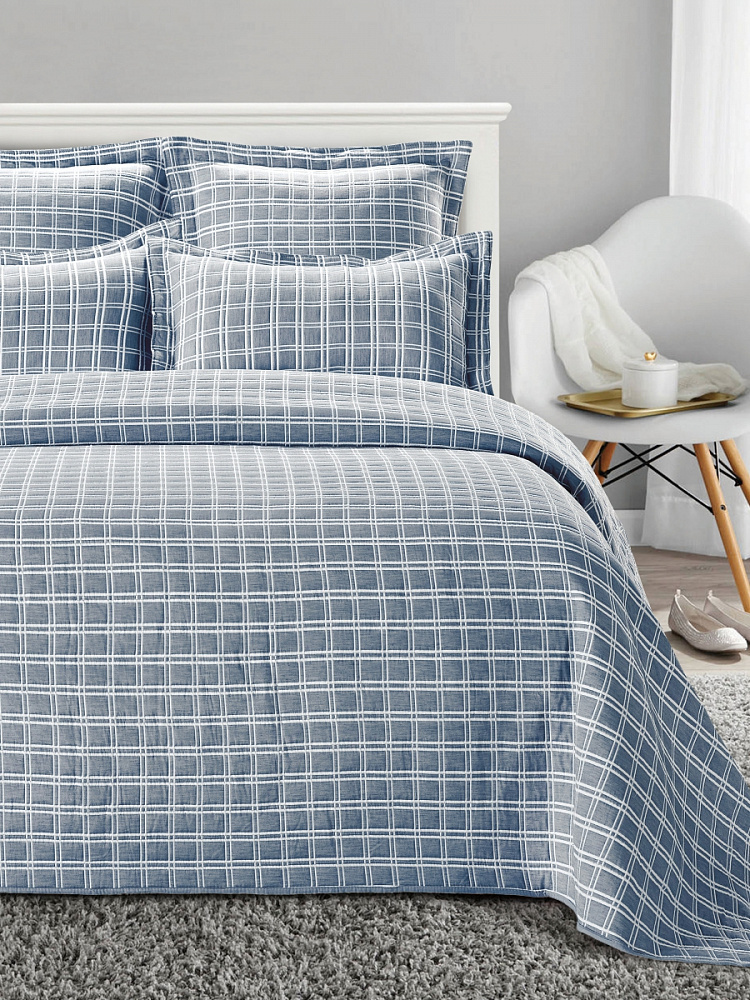 Покрывало жаккардовое 240x260 синий хлопок, полиэстер