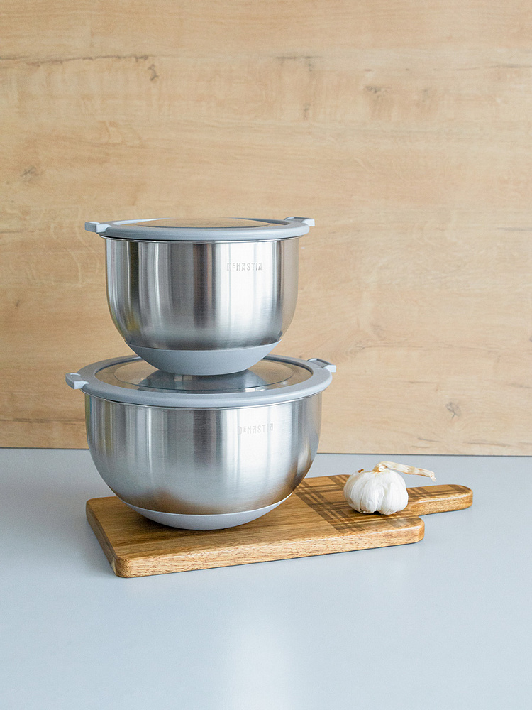 Набор мисок с крышкой 1,5л/3л серый нержавеющая сталь, силикон, пластик / stainless st