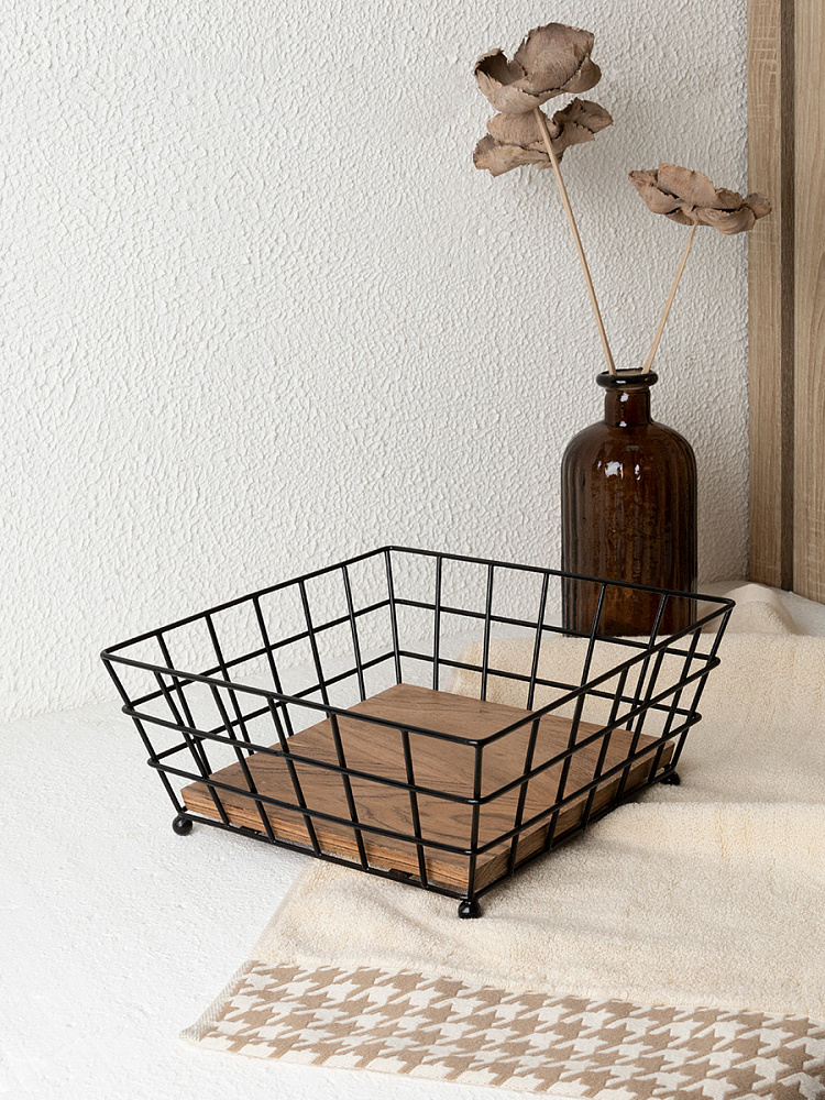 Корзина для хранения 25x25x11 черный сталь с порошковым покрытием/дерево акации Корзина для хранения 25x25x11 черный сталь с порошковым покрытием/дерево акации