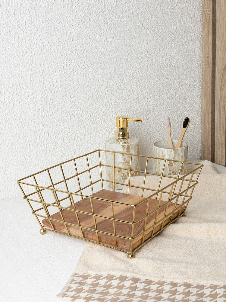Корзина для хранения 25x25x11 золотой сталь с порошковым покрытием/дерево акации Корзина для хранения 25x25x11 золотой сталь с порошковым покрытием/дерево акации