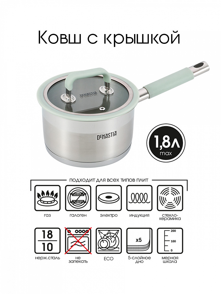 Ковш с крышкой 1,8л мятный нержавеющая сталь, силикон Ковш с крышкой 1,8л мятный нержавеющая сталь, силикон